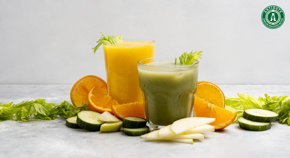Healthy fruit and vegetable juices for skin health.